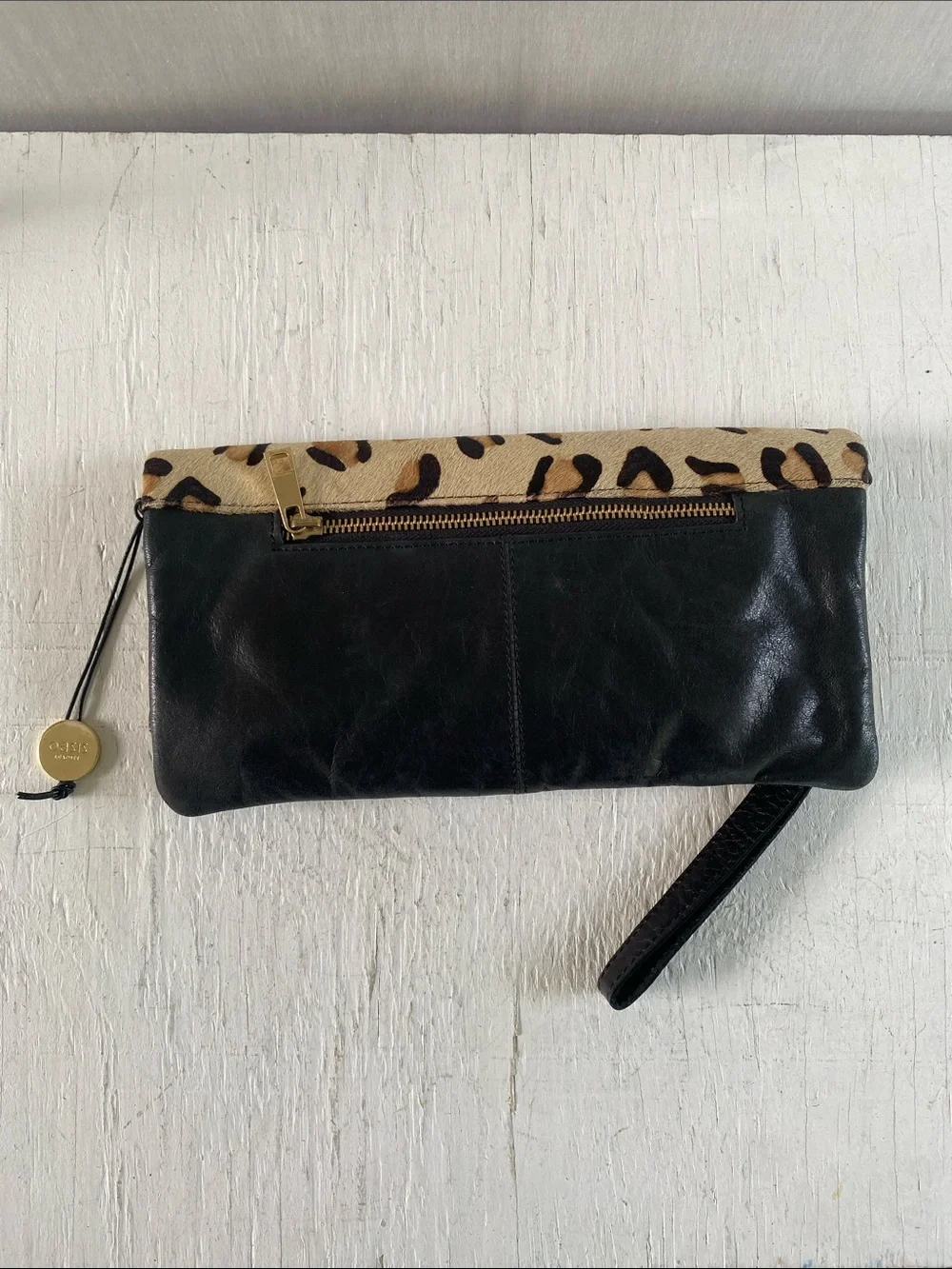 Leopard Calf hair leather Foldover Wristlet Clutch - Black & Tan